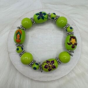 Large Beads Summer Floral Design Beaded  Beach Bracelet in Green